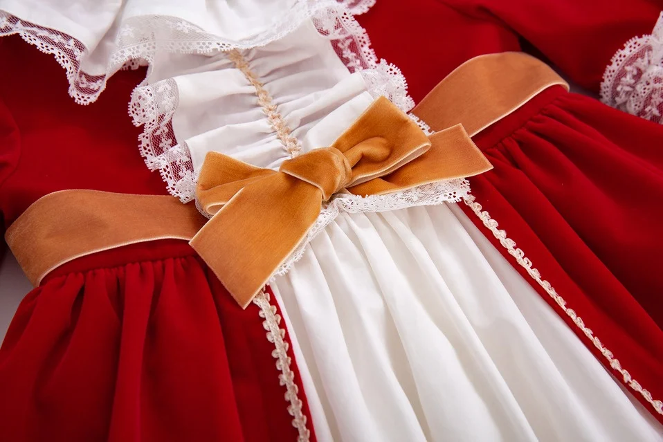 OEM Pettigirl Girls Party Dresses with Headband Wine Red Lace Dress Long Sleeve Spanish Dress for Kids