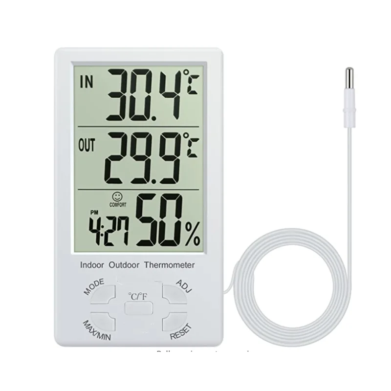 Free Sample Digital Indoor Outdoor Large LCD Display Wall Alarm Clock 3 in 1 Thermometer Hygrometer External Probe Sensor Cable