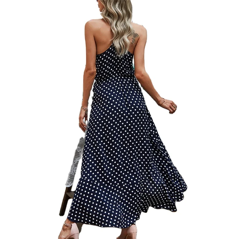 2021 Latest Halter Neck Summer Beach Dresses Wholesale Polka Dot Rayon Dress Maxi Casual Dress Women Clothing 21-0253-1