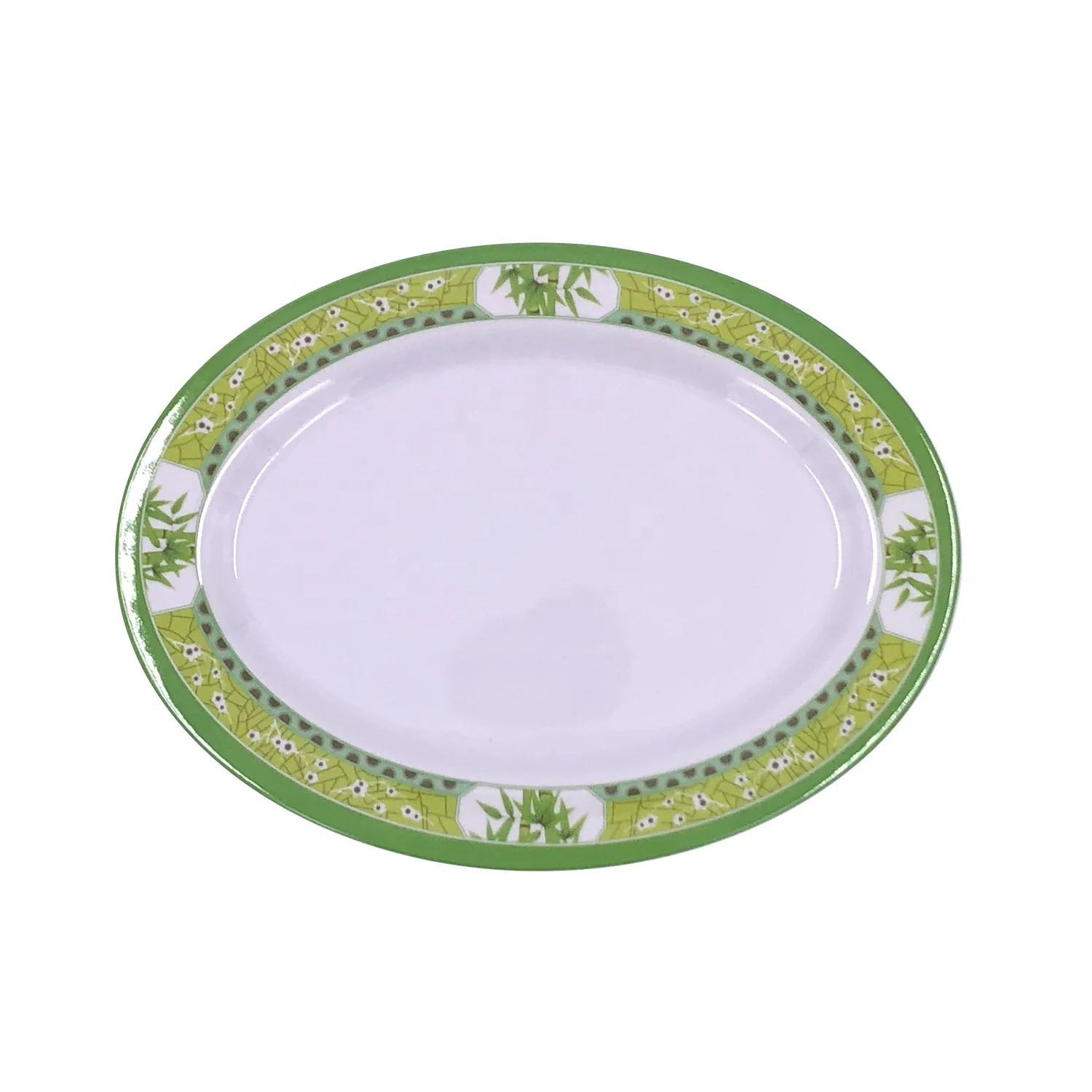 
Экологичная плоская тарелка овальной формы из А1 меламина с принтом из бамбука 