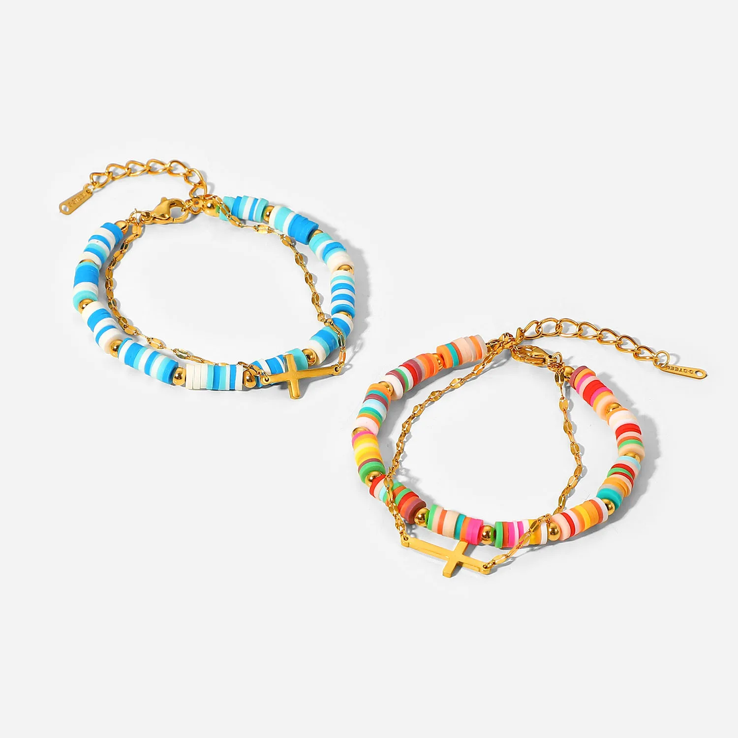 New Fashion 18K Gold Lovely Color Soft Ceramic Pink Blue Colourful  Double Chain Cross Zircon Beads Elements Bracelet For Women