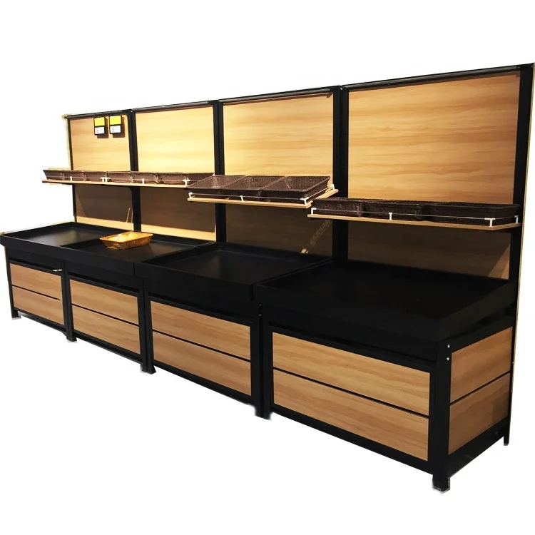 Unique Wooden Vegetables Display Shelves Supermarket Equipment for Shop Decoration