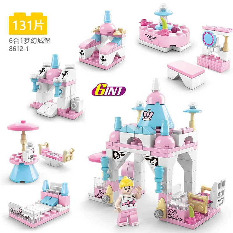 Mini City Street View Girls Castle Shop Engineering Truck Car 6 in 1 Kids Building Blocks Sets Bricks Toys for Promotion Gifts