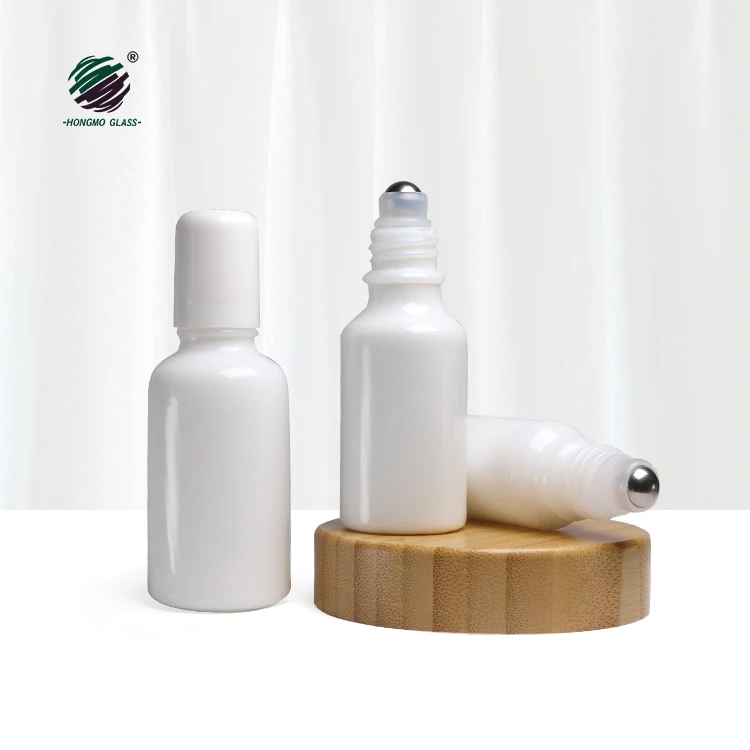 Cosmetic Packaging Round shoulder Opal White Glass Roller Bottle With white Lid Steel ball Cosmetic Lotion Bottle Products