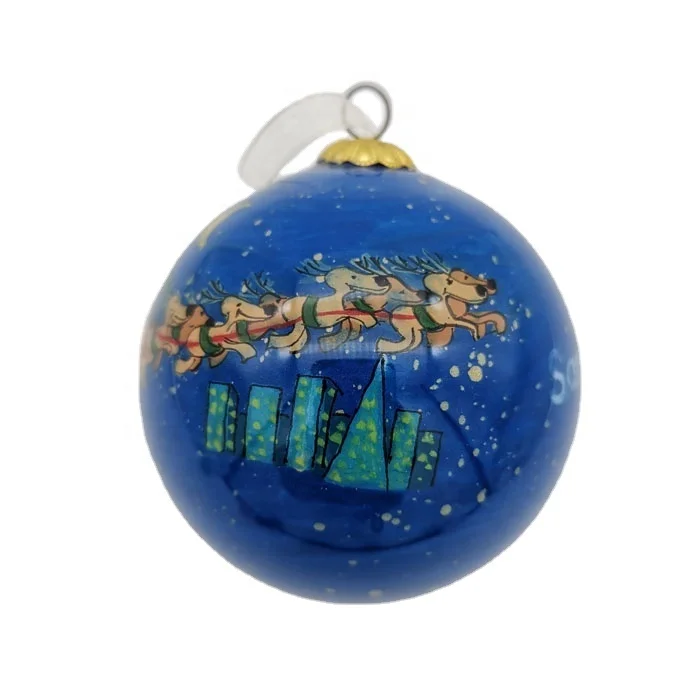 Custom Handmade Inside Painting Glass Ball 8cm Blue Round Inner Hand Painted Blown Glass Christmas Ball