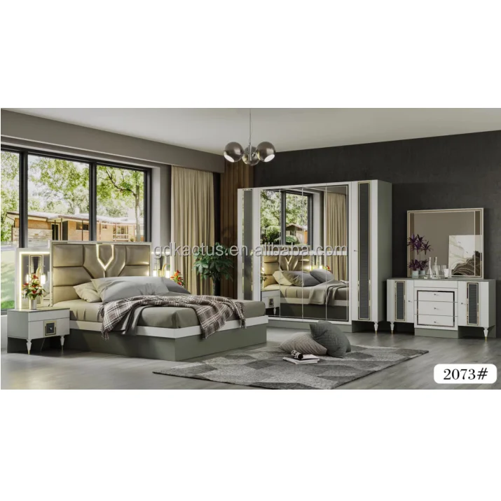 2022 latest elegant MDF LED lighting bedroom set mirrored headboard bedroom furniture set light colored bedroom furniture