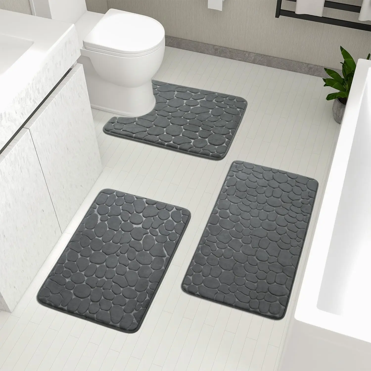 Bathroom Rugs Sets 3 Piece, Cobblestone Memory Foam Bathroom Mats Set Extra Thick, Non Slip Bath Mats for Bathroom
