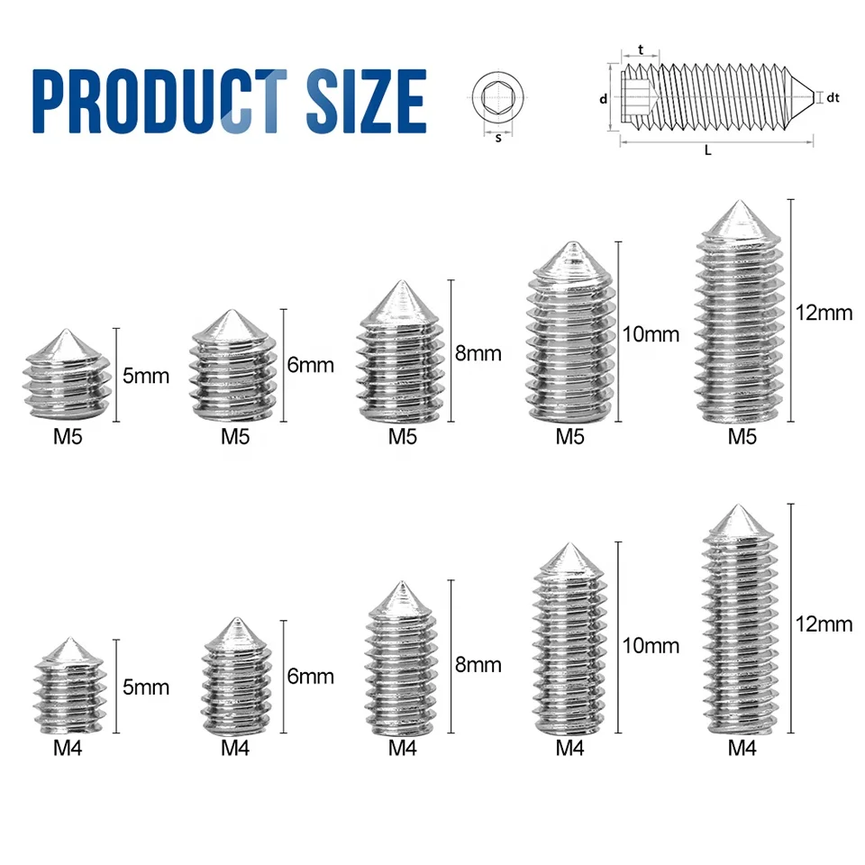 304 Stainless Steel M4 M5 M6 M8 Hex Allen Cup Point No Head Cone Point hex Hexagon Socket Set Grub Screw Bolt with Cup Point