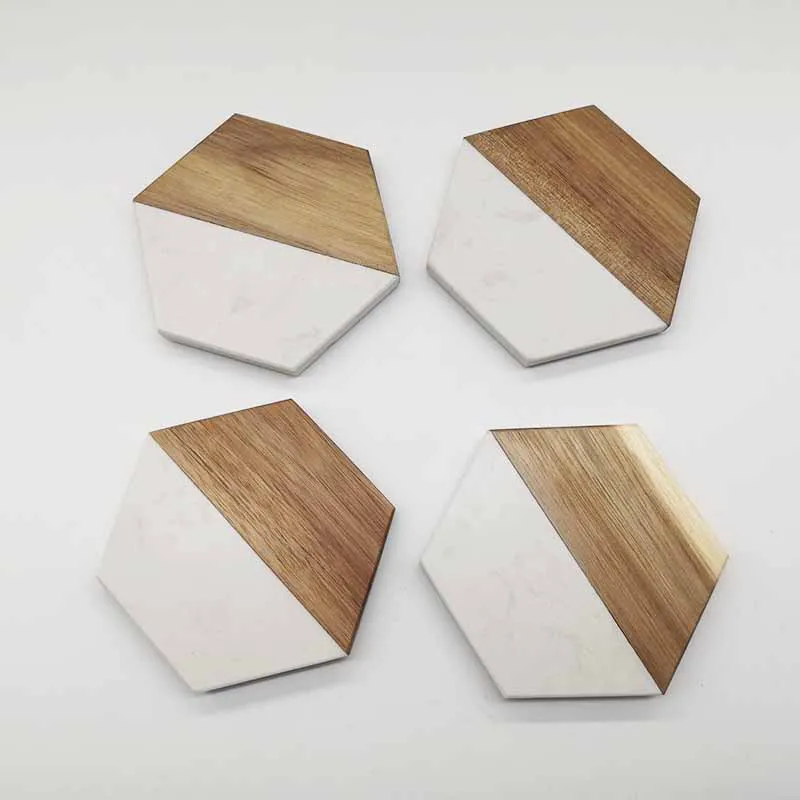 
Dinnerware New Design Hot selling Marble and Acacia Wood Hexagon Coaster Set 
