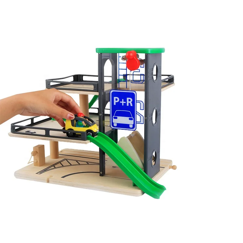 OEM role play fire station game set rail car parking station for kids preschool wooden pretend play toy