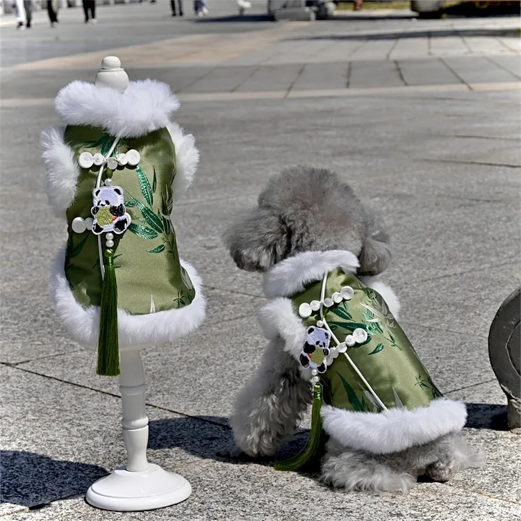 Luxury Embroidery Bamboo and Panda Winter Dog Coat Soft and Warm Chinese Suit for Puppy Dog Outfit