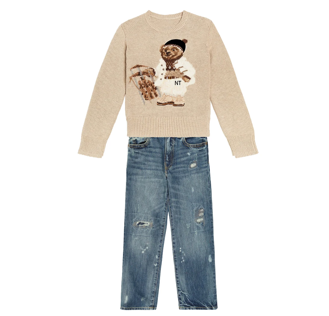 Nanteng Custom New Arrivals 100% Cotton Trendy Loose Bear Jacquard Knitted Pattern Round Neck Long Sleeves Men Pullover Sweater