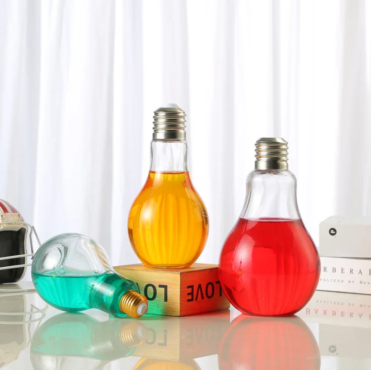 Wholesale empty eco friendly juice bottles light bulb shape glass fruit wine beverage bottle water with screw cap