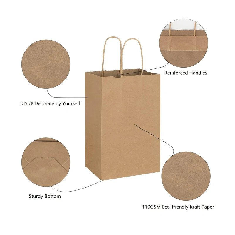 Personalized Brown Kraft Paper Craft Carry Bag Handmade Restaurant Logo Branded Bags With Twist Handles