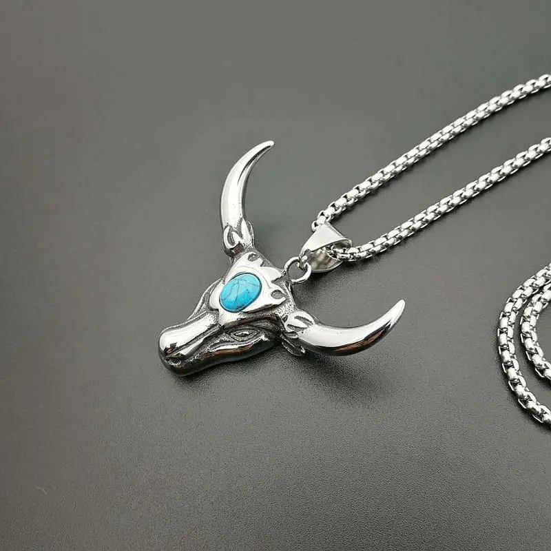Vintage punk jewelry stainless steel turquoise bull head necklace