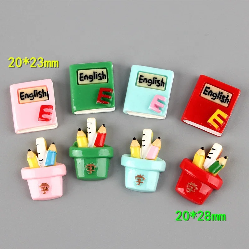 New Design Kawaii Resin School Supply Cabochons Flatback Pencil Brush Pot English Book for DIY Slime Charms Accessory