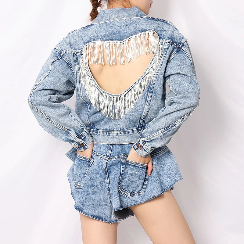 2021 Spring Women Clothing Jean Jackets Rhinestone Border Tassel Chain Love Backless Sexy Hollow Top Coat Denim Jacket Women