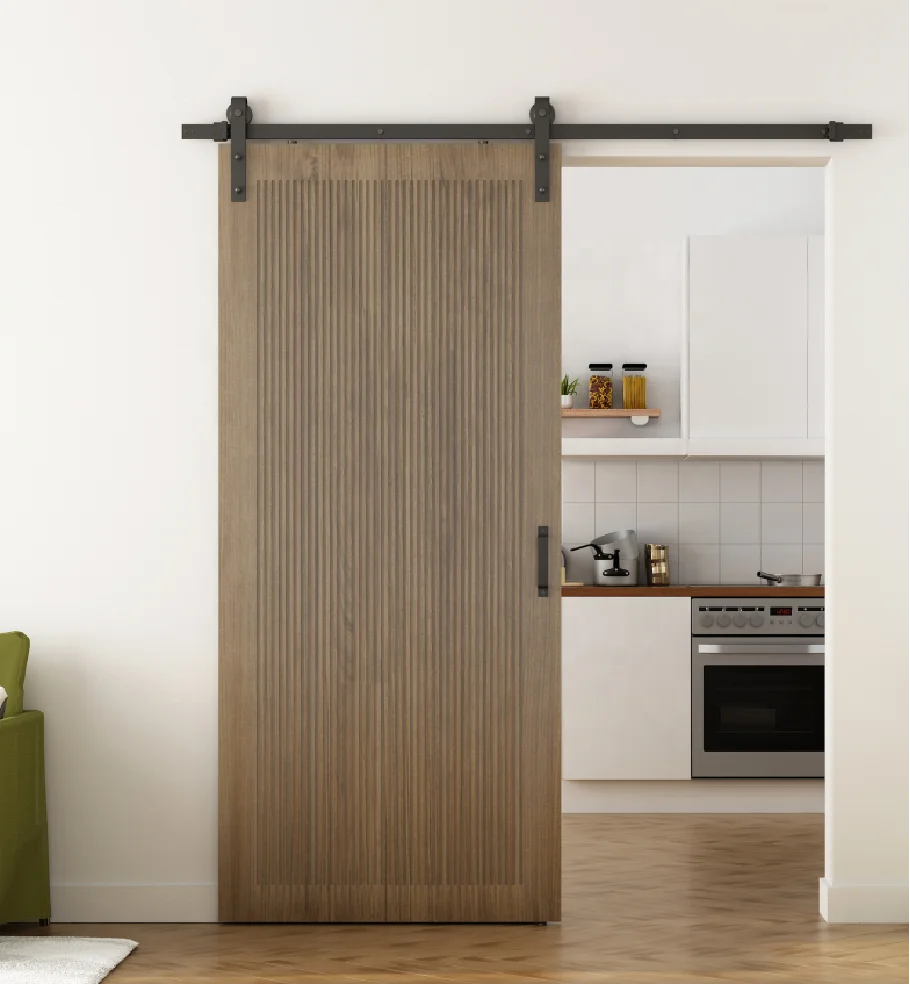 Door Factory Interior Japanese Shoji Style  Deep CNC Carved Pre-primed Brown/Black Sliding Barn Door with Hardware