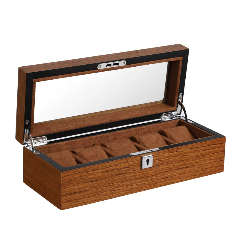 Luxurious 12 slots watch boxes & cases with stainless steel lock flexible suede pillow wood pattern finished glass top display