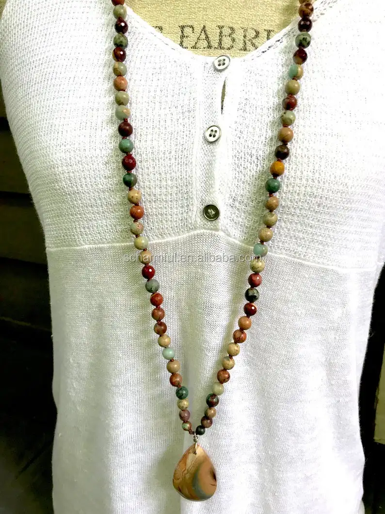 NS20051 Hand Knotted Imperial Jasper Beads Stone Necklace WIth Imperial Jasper Pendant