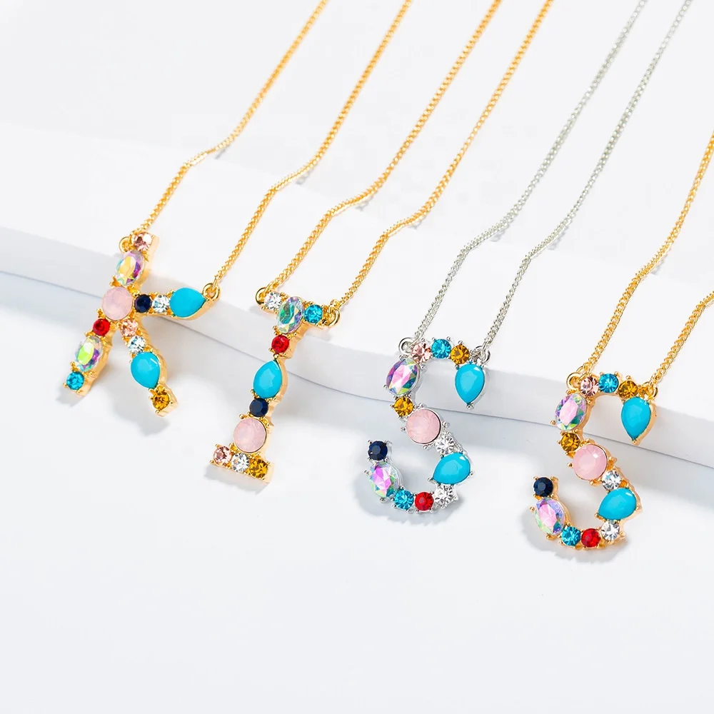 2022 New Bohemia Style 26 English Letter Necklace Colored Diamond Copper Plated Gold Clavicle Chain Women Girls Necklace