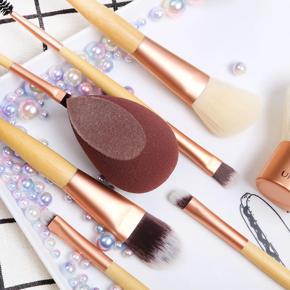 Professional Double End eco hair Bamboo handle Eye Face Make up Brush Kabuki Brush set with Microfiber Makeup Sponge with bag