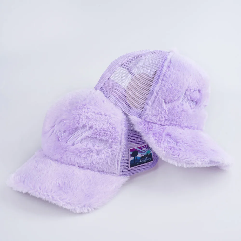 Custom Logo Faux Rabbit Fur Fuzzy 5 Panel Trucker Hat Furry Trucker Hat