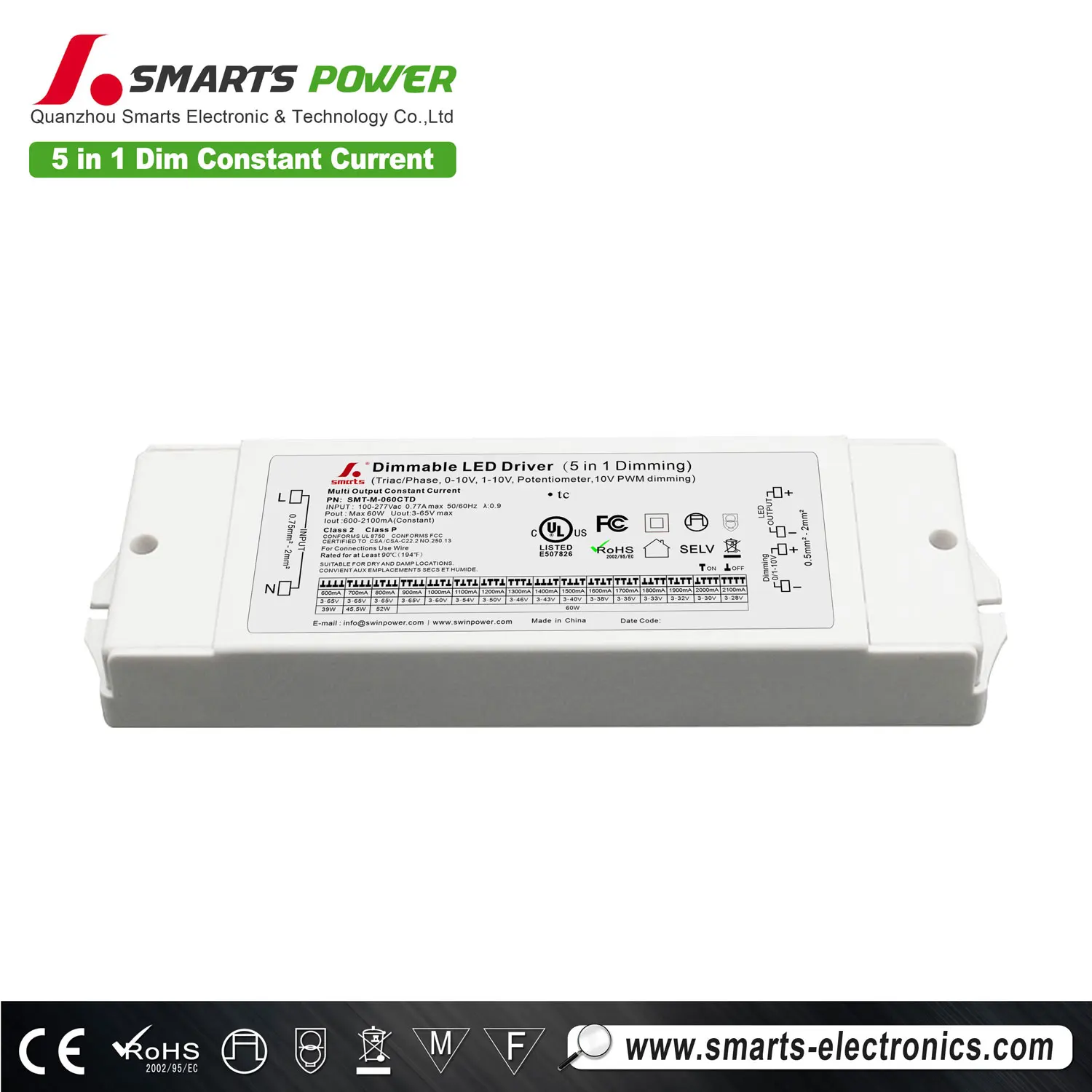 Multi-current adjustable 60w 5 in 1dimmable led power supply driver 600ma 60w