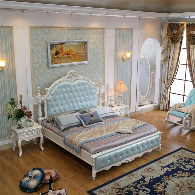
D01 Solid wood carved European style neo-classical bed 1.8m leather pull button soft back princess bed bedroom fashion bed set 