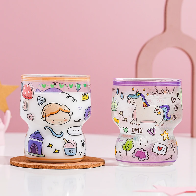 Glass mug gift box set clear borosilicate glass single wall drinking mug cute pattern cartoon mug