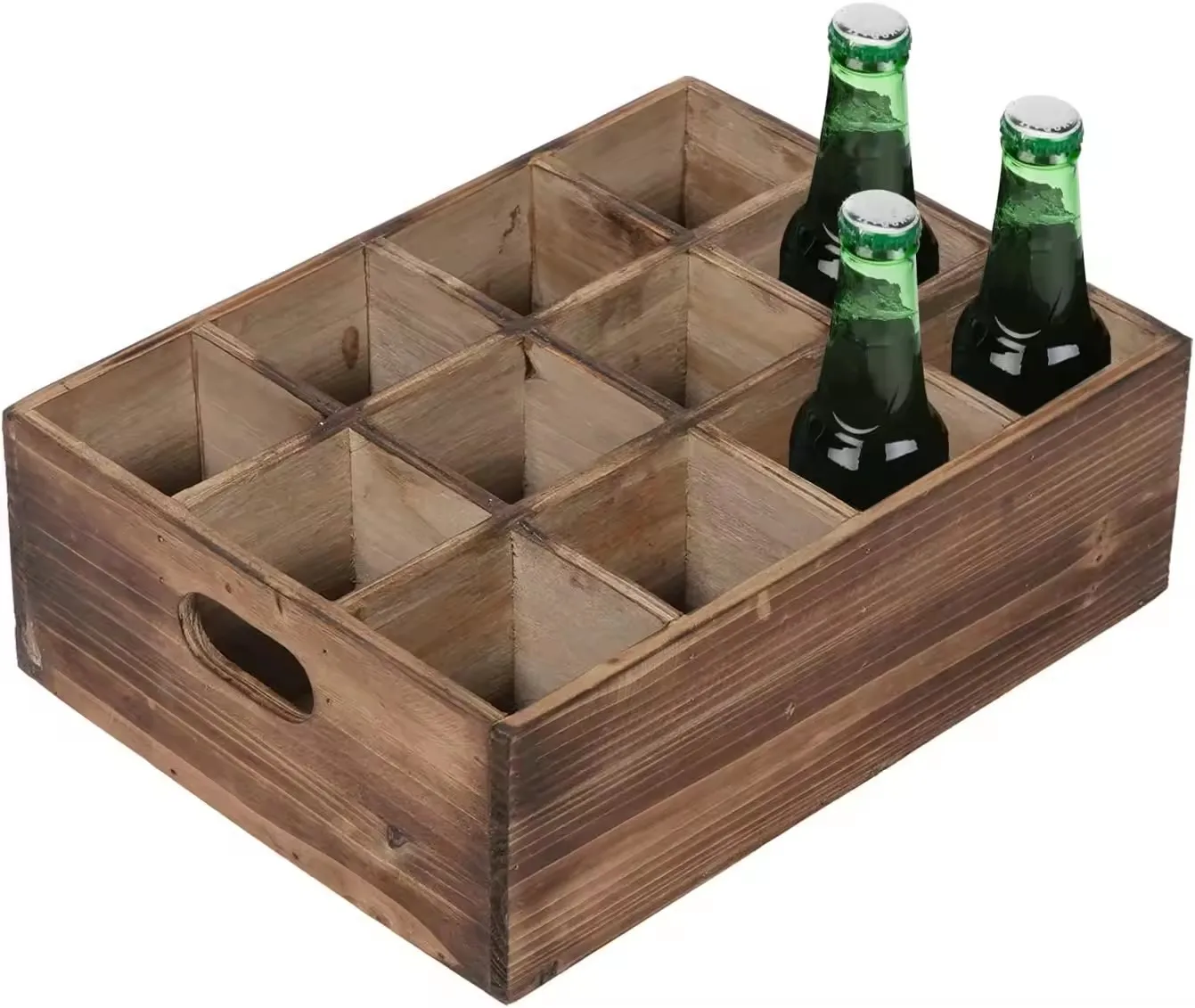 Handmade Rustic Decor Brown Wood 12 Individual Slot Beer Bottle Serving Crate Carrying Handles -Beer Storage Box Wooden Crate