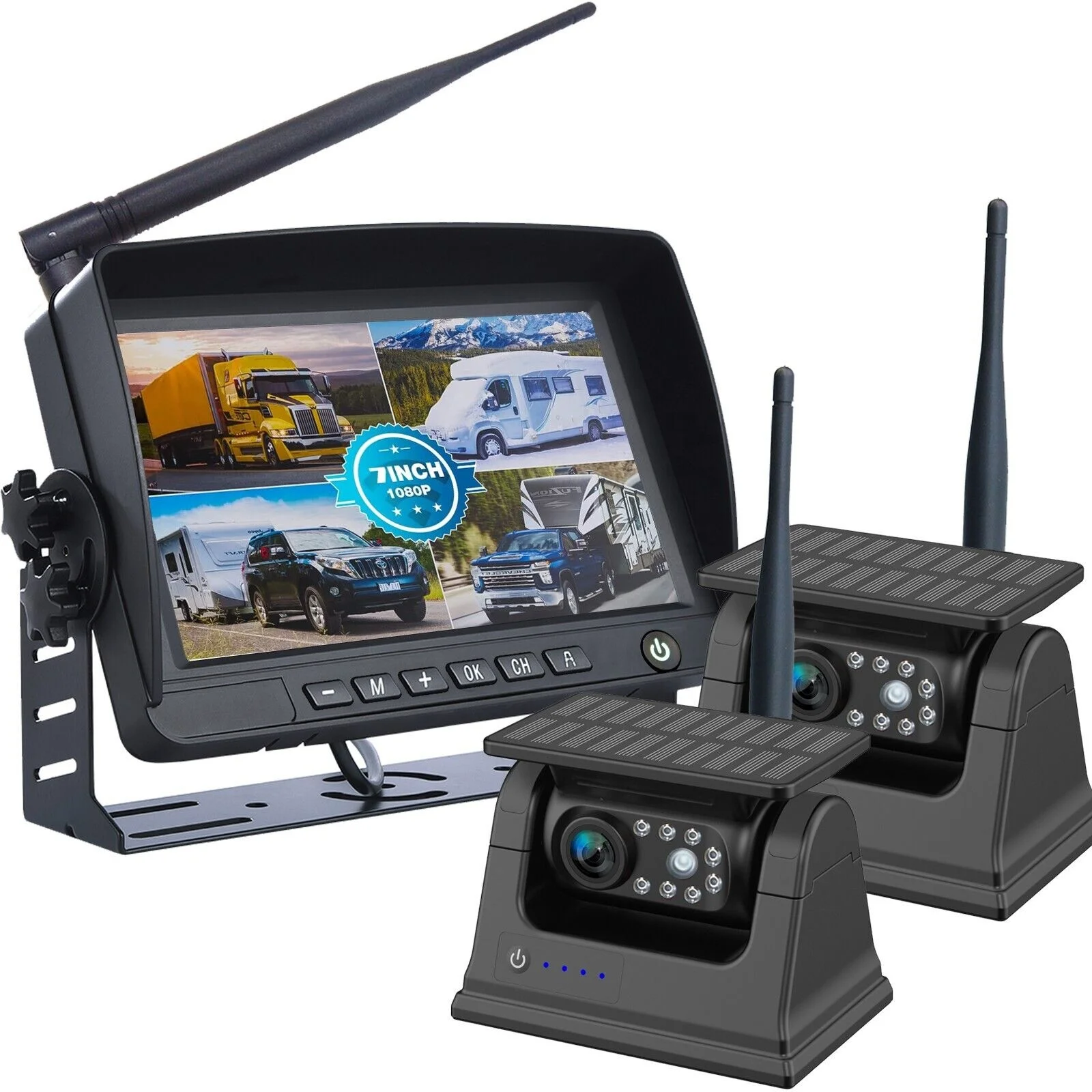 iPoster 7in Wireless quadview AHD DVR Monitor with 2x rearview Solar magnetic base Rechargeable 9000mah battery Camera kit