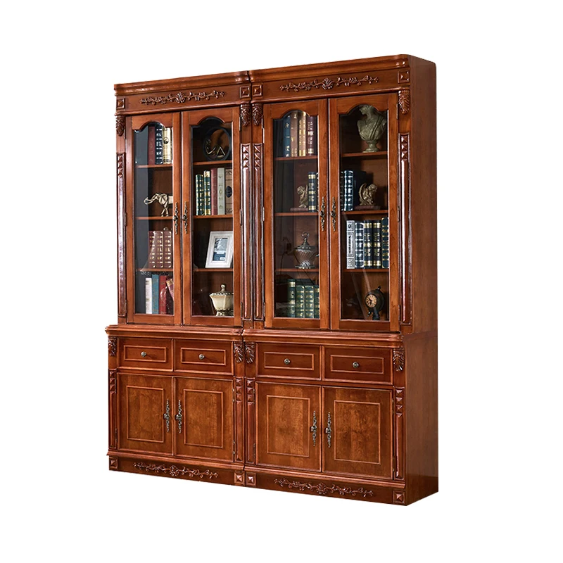 Factory wholesale villa furniture luxury design double door bookcase for home office hotel hall glass door display cabinet