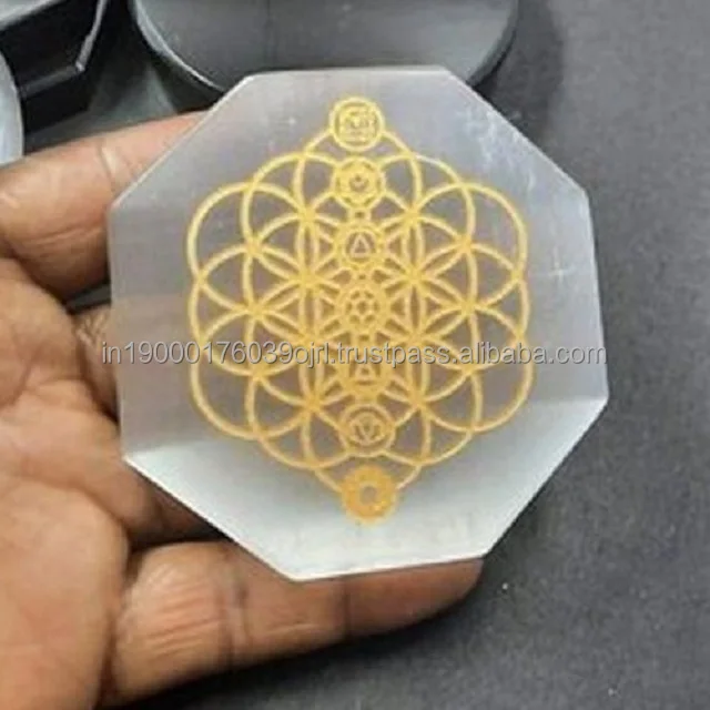 best selling natural agate stone crystals selenite flower of life carved selenite charging plate for decoration