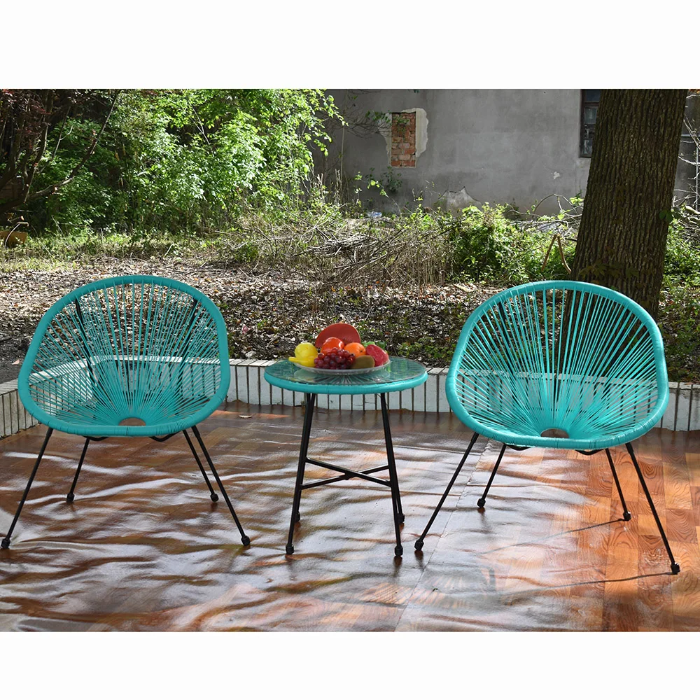 TIPTOP 3-Piece Outdoor Acapulco All-Weather Woven Rope Patio Conversation Bistro Set w/Glass Top Table and 2 Chairs