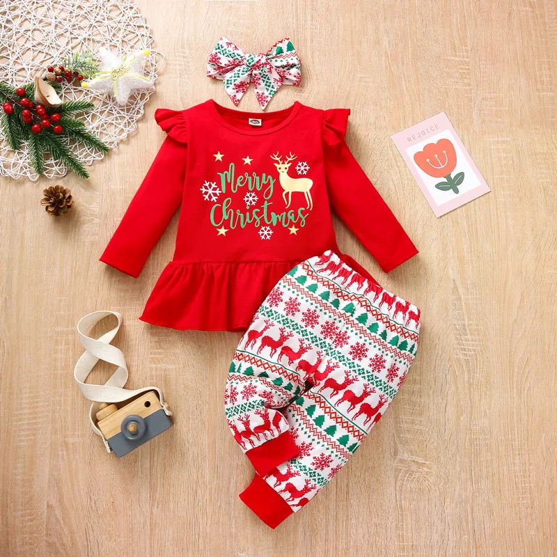 New RTS Cute Autumn Clothing Red Winter deer Cotton 2pcs Kids Long sleeve Baby Girls Christmas Shirt tops sweater Pants Sets