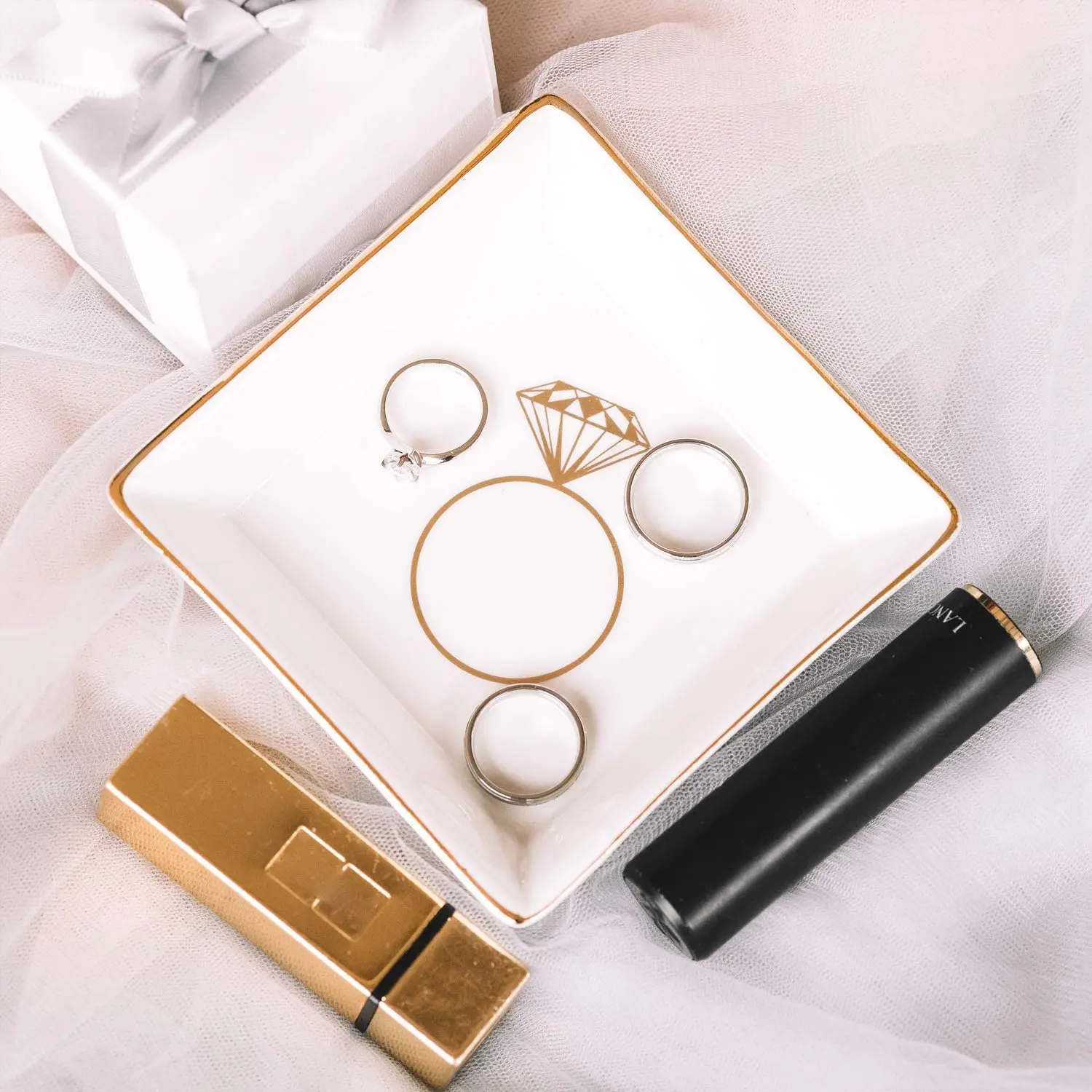 Custom Wholesale Decor Rectangular Jewelry Dish Tray Wedding Ring Trinket Tray Holder Gold Ceramic Jewelry Dish