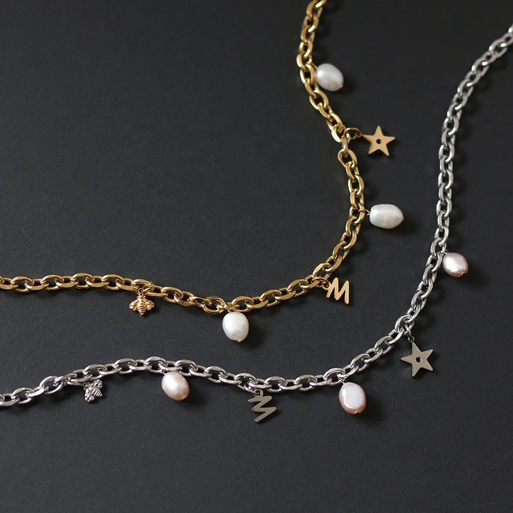 Custom Freshwater Pearl Stainless Steel Honeybee Bee Letter M Charms 18K Gold Plated Thick Link Chain Choker Necklace