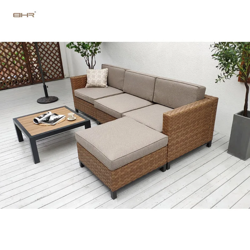 Strong high quality leather-like flat wicker 5 in 1 rattan sofa set garden furniture