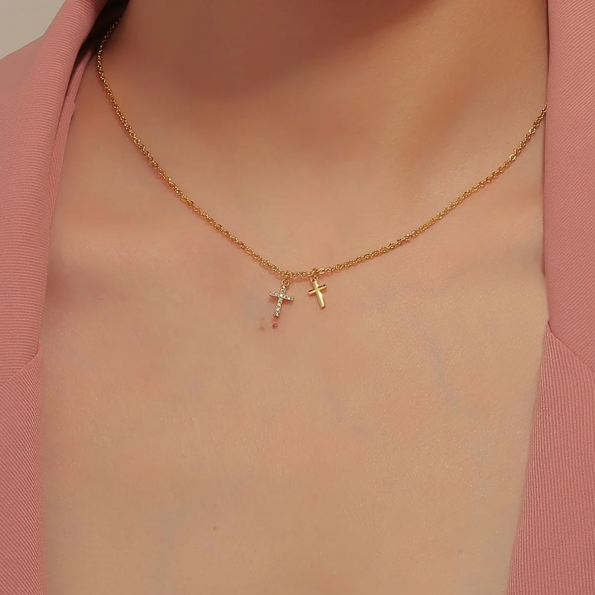 Customized Fashion Polish Jewelry Silver 18K Gold Plated Birthstone Zircon Double Infinity Cross Pendant Necklace for Women