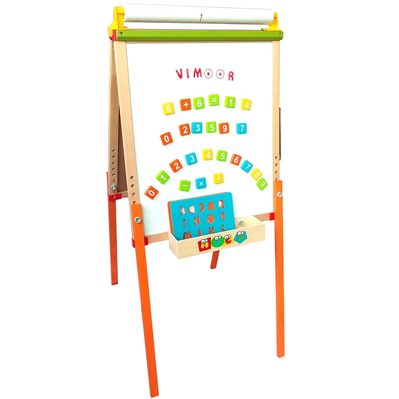 
free standing double sided kids magnetic writing board and wood easel chalkboard with paper roll and accessories 