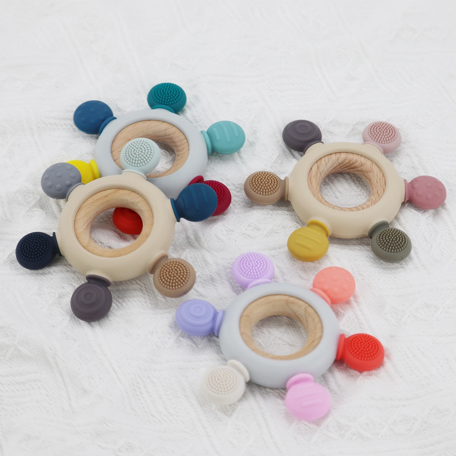 Baby Teethers Toy Teething Ring Grasping Teething Toy BPA Free Silicone Rudder with Wooden Ring