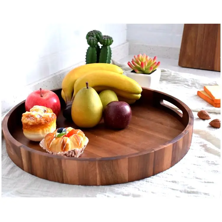 High Grade Practical Round TWO Handle Decor Storage Soild Fruit Food Wooden Serving Trays