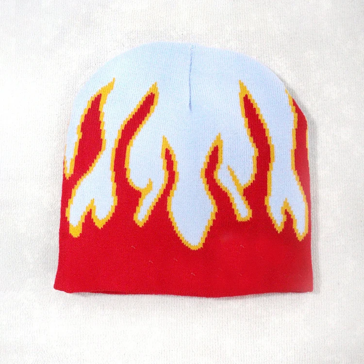 Wholesale Unisex Flame All Over Printed Knitted Bean Hat Cap Custom Logo Y2K Acrylic Jacquard Beanie Hats