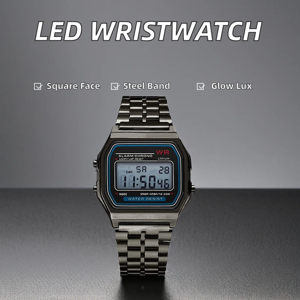 Luxury Unisex Sport Quartz Digital LED Wrist Watch Luminous Colorful LED Display Stainless Steel Band Alloy Case Featuring Alarm