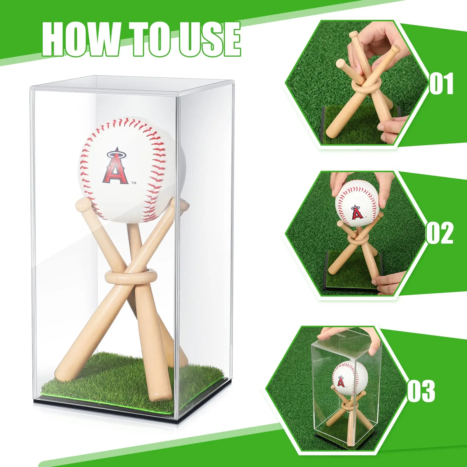 Clear Acrylic Baseball Display Box Single Memorabilia Autograph Ball Case With Grass Pad And Mini Wooden Bat Baseball Holder