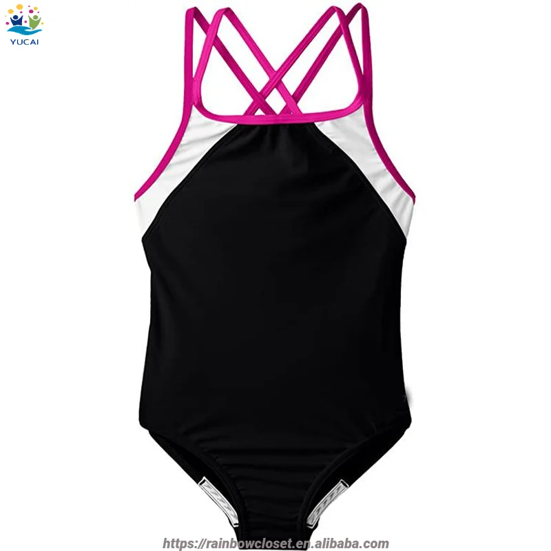 2023  Hot Selling Girls One Piece Contrast Color  Cross Back Multi Straps Nylon Kids Swimwear