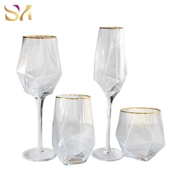Elegant  diamond shape crystal  clear glasses with gold rim wine glass for wedding