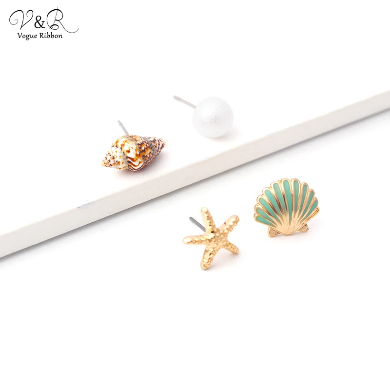 V&R Fashion Jewelry Gold Plated Ocean Conch Sea Shell Starfish Pearl Stud Earrings For Women