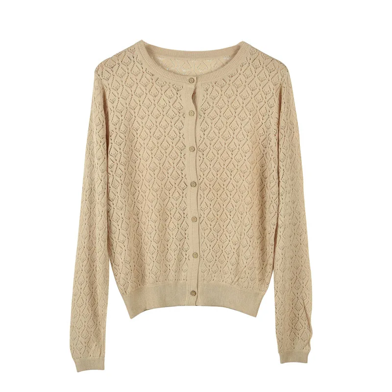 Loose 100% Cotton Jacket Sweater Hundred Solid Color Hemp Hollow Knit Women Cardigan